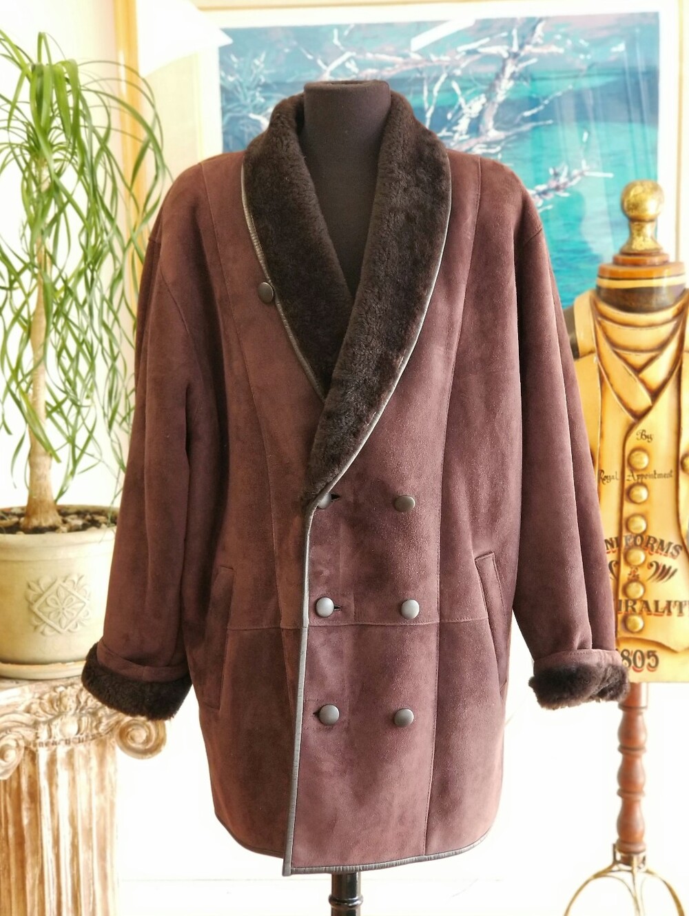 Men's Double-Breasted Shearling Coat - Brown